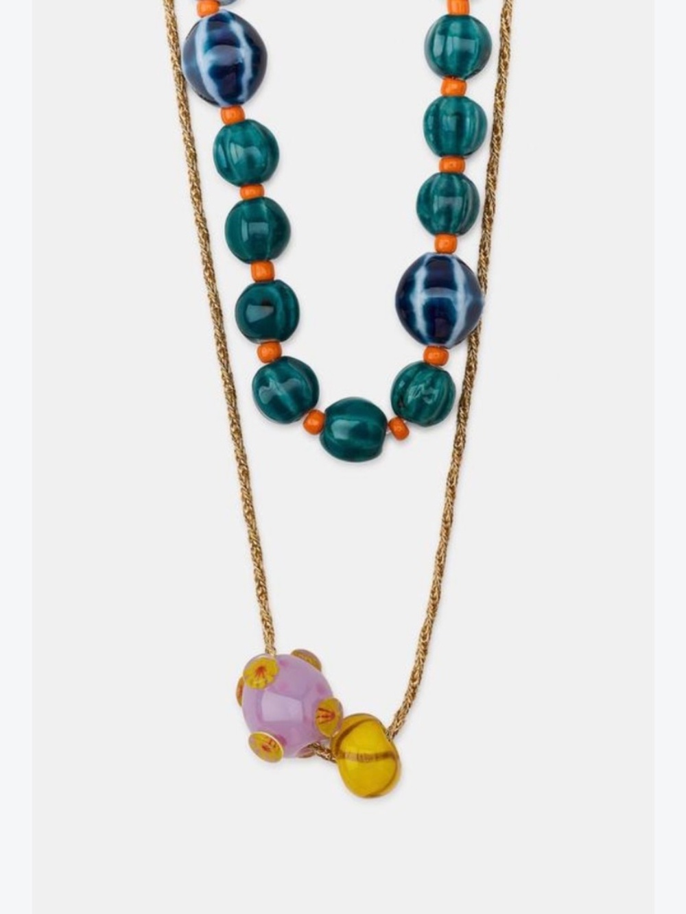 Zara Two Pack Layering Ceramic Bead Cord Necklaces Teal Orange Pink Yellow NWT